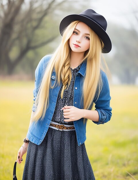 Darmowe zdjęcie moda na świeżym powietrzu pozytywny portret stylowej hipster dziewczyny długie blond włosy rocznika kapelusz