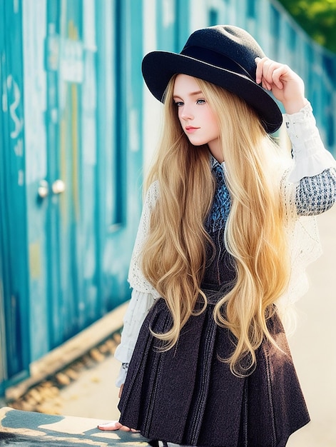 Darmowe zdjęcie moda na świeżym powietrzu pozytywny portret stylowej hipster dziewczyny długie blond włosy rocznika kapelusz