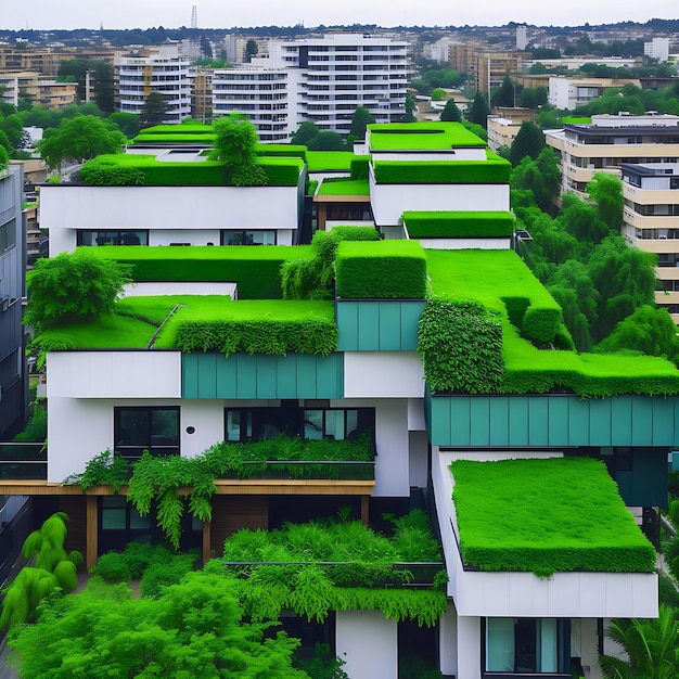 Zdjęcie darmowe zdjęcie nowoczesna dzielnica mieszkalna z zielonym dachem i balkonem dom 3d generowany przez ai