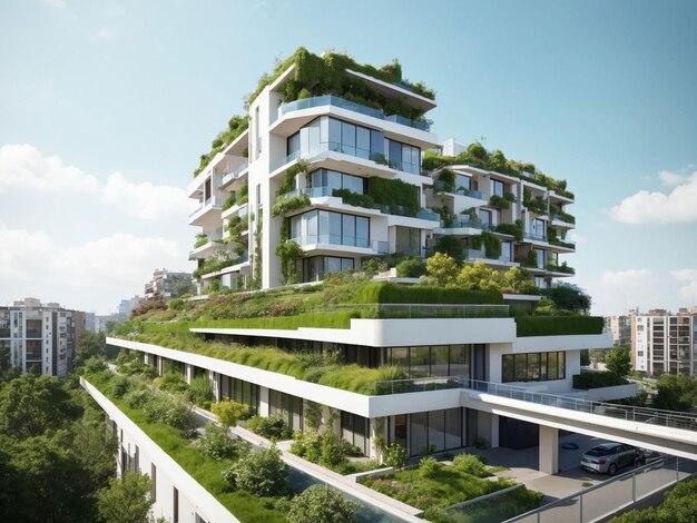 Darmowe zdjęcie nowoczesnej dzielnicy mieszkalnej z zielonym dachem i balkonem wygenerowane przez AI