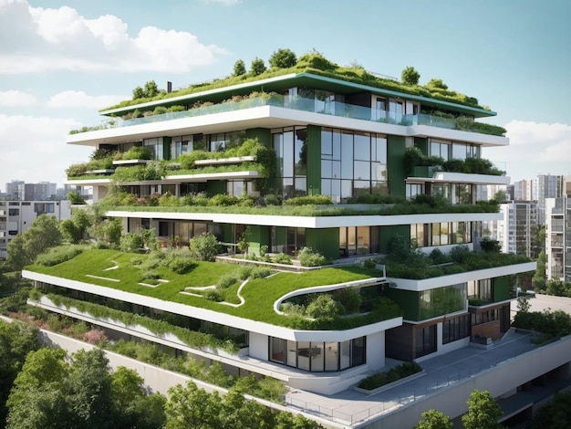 Darmowe zdjęcie nowoczesnej dzielnicy mieszkalnej z zielonym dachem i balkonem wygenerowane przez AI