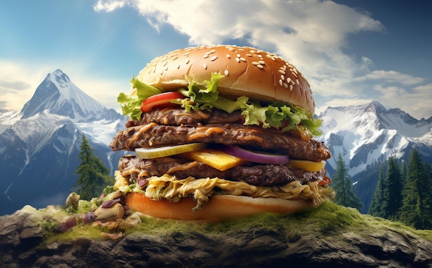 Darmowe zdjęcie Piękna reklama burgera mająca miejsce w górach