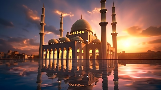 Darmowe Zdjęcie Ramadan Kareem Eid Mubarak Meczet W Wieczór Z Tłem Światła Słońca