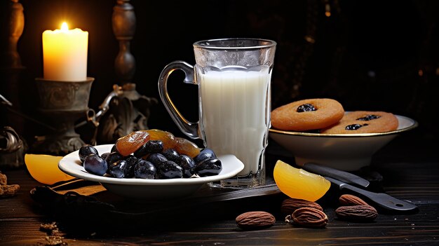 Darmowe zdjęcie szklanka mleka obok spodka ze słodkimi śliwkami