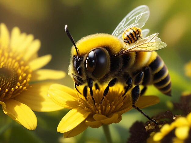 Darmowe zdjęcie zbliżenie żółtego miodu Słodka, puszysta pszczoła mikrofotografia generatywna ai