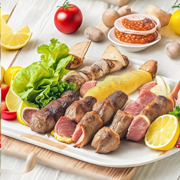 Darmowe zdjęcie zestaw kebab z różnymi kawałkami mięsa i plasterkami cytryny