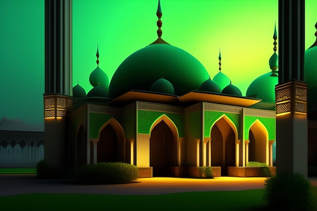 Darmowe Zdjęcie Zielona Ramadan Kareem Eid Mubarak Królewska Elegancka Lampa Z Meczetową Świętą Bramą Z Fajerwerkami