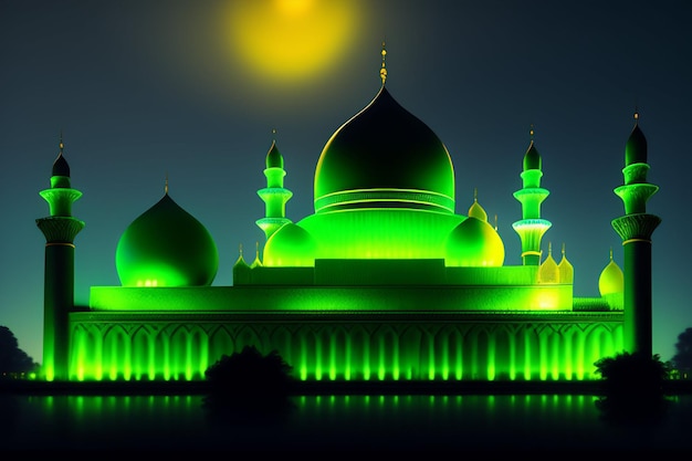 Darmowe Zdjęcie Zielona Ramadan Kareem Eid Mubarak Królewska Elegancka Lampa Z Meczetową Świętą Bramą Z Fajerwerkami