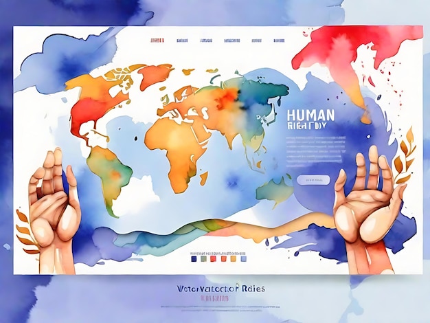 Darmowy wektor akwarela Międzynarodowy Dzień Praw Człowieka szablon strony docelowej z ilustracjami dłoni