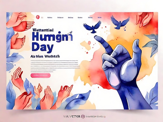Darmowy wektor akwarela Międzynarodowy Dzień Praw Człowieka szablon strony docelowej z ilustracjami dłoni