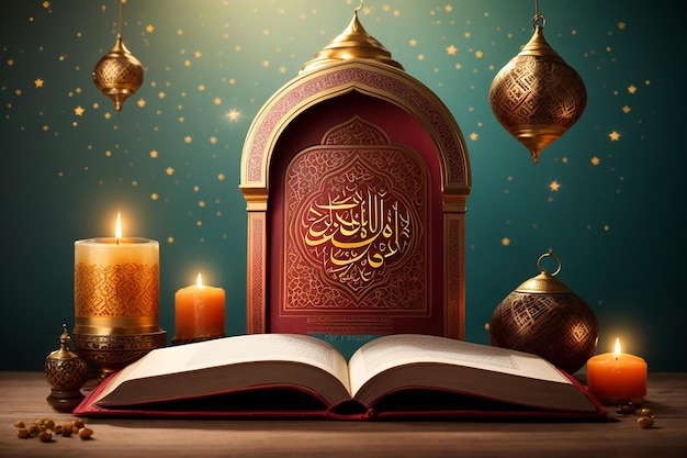 Darmowy wektor Eid Mubarak święta księga Koranu na stojaku ręcznie narysowany rysunek wektorowy ilustracja