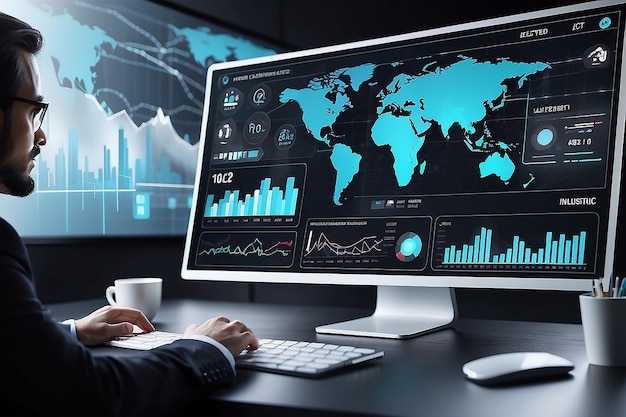 Dashboard inteligencji biznesowej z wykresem i ikonami Wielkie dane Handel i inwestycje Nowoczesna koncepcja technologii na wirtualnym ekranie
