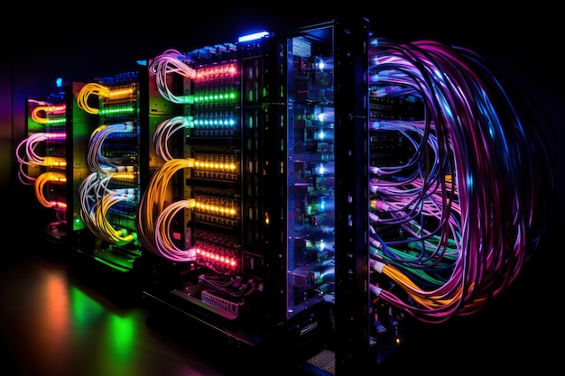 Zdjęcie data wonderland serwer zanurzony w krainie czarów żywych przewodów i świecących żarówek przedstawiających czarujący świat danych cyfrowych