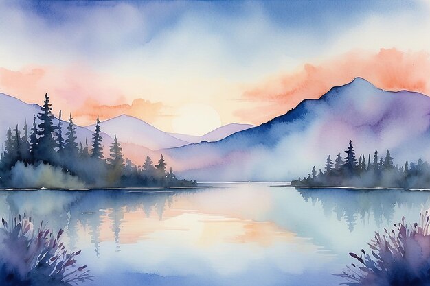 Zdjęcie dawn at the lake akwarel tekstura w lawendowym brzoskwiniowym i spokojnym niebieskim niebie