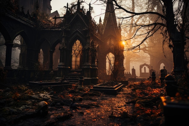 Dawny gotycki kościół pośród mrocznej i enigmatycznej natury generatywnej IA