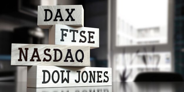 DAX FTSE NASDAQ DOW JONES słowa na drewnianych klockach ilustracja 3D