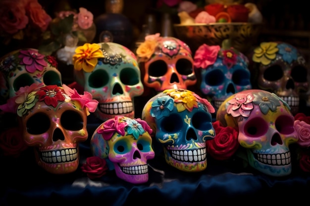 Day of the Dead cukrowe czaszki kolorowe kwiaty generatywne ai