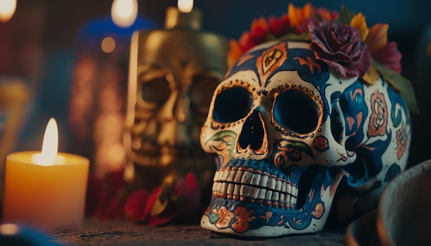 Day of the Dead czaszka z rozmyciem tła. Generatywna sztuczna inteligencja