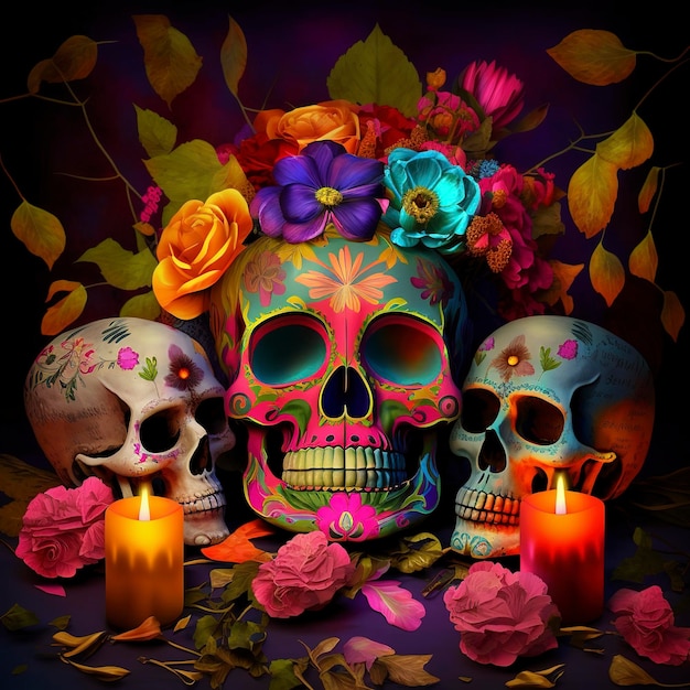 Day of the Dead czaszki Dia de los Muertos Day of the Dead i meksykańskie tło Halloween Meksykańska tradycja festiwal Day of the dead cukrowa czaszka Dia de los Muertos generuj ai