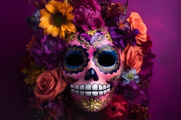 Day of the Dead Sugar Skull maska z kwiatami na fioletowym tle Generacyjna sztuczna inteligencja