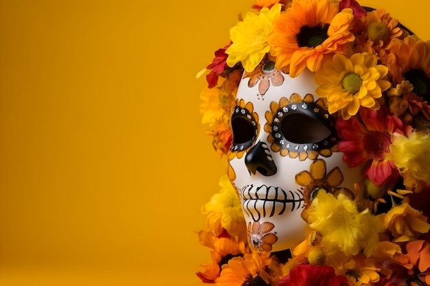 Day of the Dead Sugar Skull maska z kwiatami na żółtym tle Generatywna sztuczna inteligencja