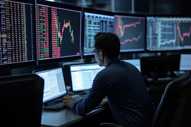 Day Trader pracujący na komputerach z wykresami giełdowymi MultiMonitor i RealTime