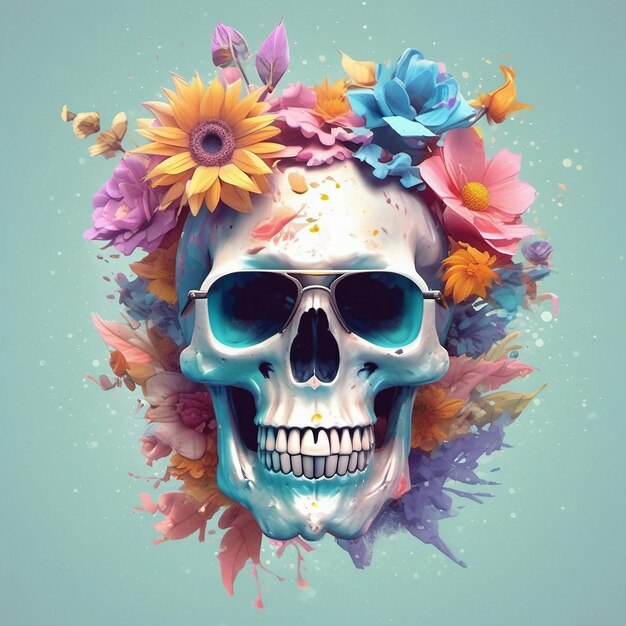 Dead Skull noszący modne okulary przeciwsłoneczne koszulkę z kwiatami i koszulką z plamkami