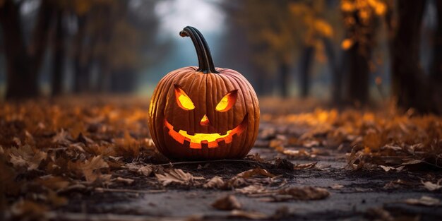 Dęb Halloween w parku jest żywym akcentem w jesiennym krajobrazie tworząc atmosferę tajemniczej uroczystości AI Generative AI