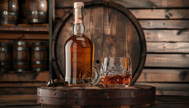 Zdjęcie dębowe beczki z butelką i szklanką zimnej whisky na ciemnym drewnianym tle