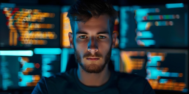 Dedicated Man Develops Software Through Coding and Programming Computer Systems Concept Rozwój oprogramowania Kodowanie Programowanie Systemy komputerowe Dedication