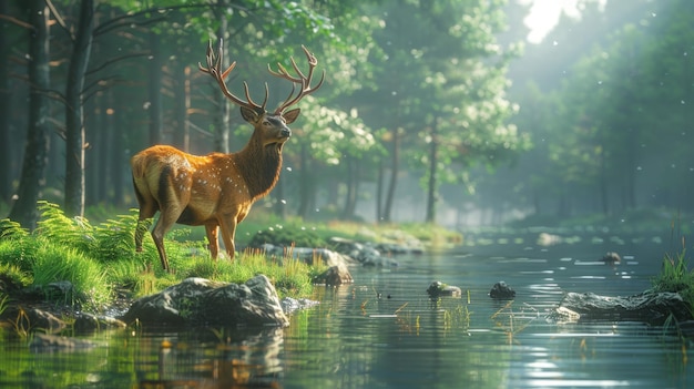 Deer In The Forest Digital Cg Artwork Concept Illustration Cartoon Style Scene Design Dla Gier Wideo