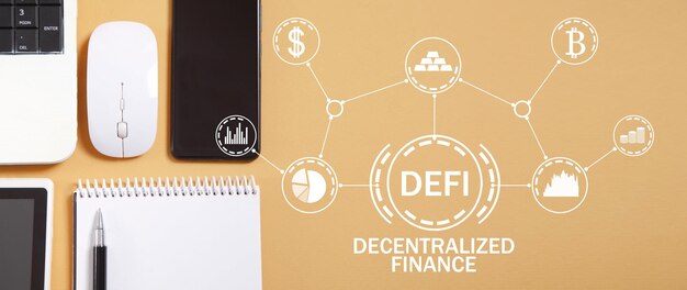 Zdjęcie defi-decentralized finance z obiektami biznesowymi.