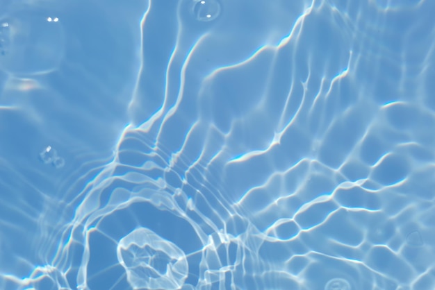 Defocus niewyraźne przezroczyste niebieskie kolorowe jasne spokojna tekstura powierzchni wody z rozpryskami i bąbelkami Modny abstrakcyjny charakter tła Fale wody w świetle słonecznym z miejsca na kopię Niebieska akwarela świeci
