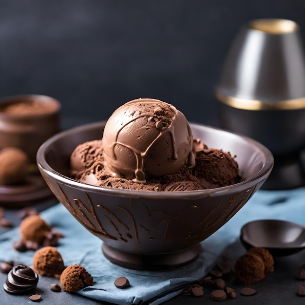 Dekadencka kulka lodów czekoladowo-kawowych w luksusowej misce