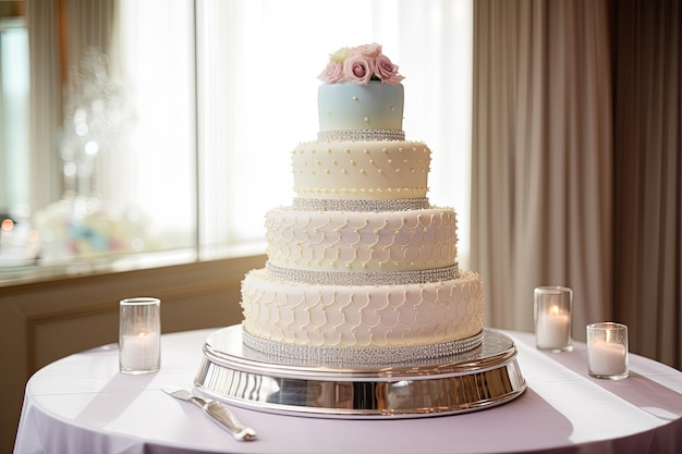 Dekadencki trójwarstwowy tort w kształcie pierścienia z warstwami delikatnego pastelowego lukru wykończonego błyszczącym kryształem
