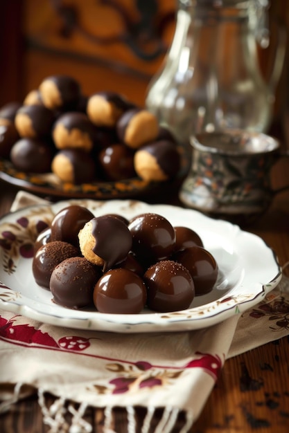 Dekadentna czekolada i masło orzechowe Buckeye Cookies na talerzu Pyszny deser z mlekiem i ciemnym