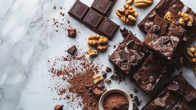 Dekadentne składniki czekoladowej brownie na powierzchni marmurowej