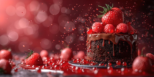Dekadentny ciasto czekoladowe ozdobione świeżymi truskawkami na czerwonym tle idealne do uroczystości i gurmańskich deserów AI