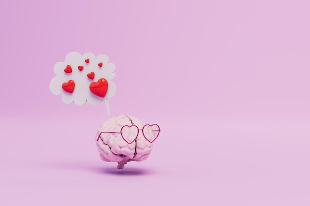 Deklaracja miłości mózg w różowych okularach serca i chmura z sercami