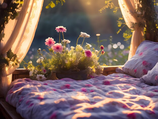 dekoracja boho w sypialni ze światłem słonecznym i kwiatami