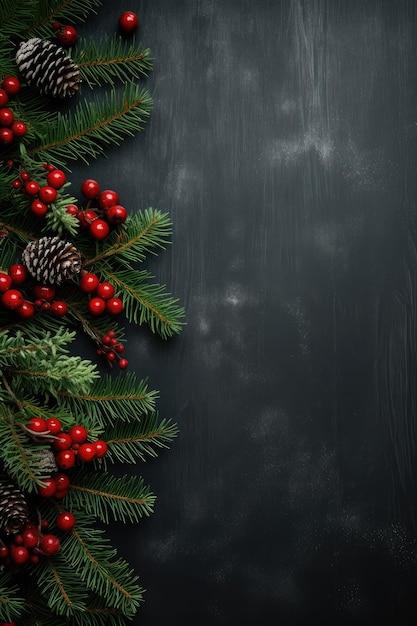 Dekoracja bożonarodzeniowa z gałęziami sosny czerwone jagody Czarny kolor świąteczny generatywny ai