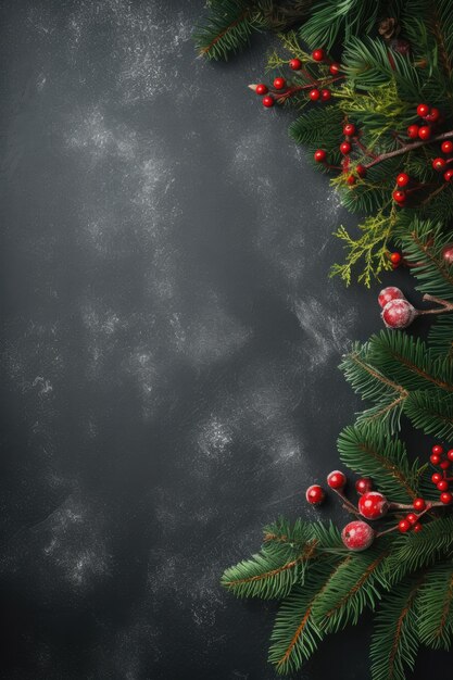 Zdjęcie dekoracja bożonarodzeniowa z gałęziami sosny czerwone jagody czarny kolor świąteczny generatywny ai