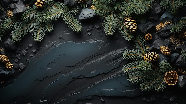 Dekoracja bożonarodzeniowa z gałęziami sosny na ciemnym tle Generatywny AI