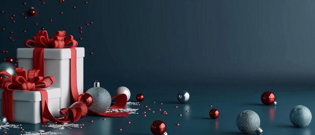 Zdjęcie dekoracja bożonarodzeniowa z pudełkiem podarunkowym na ciemno niebieskim tle 3d