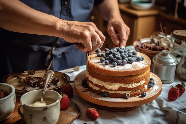 Dekoracja ciasta na kuchennym stole profesjonalnie z ręką szefa kuchni