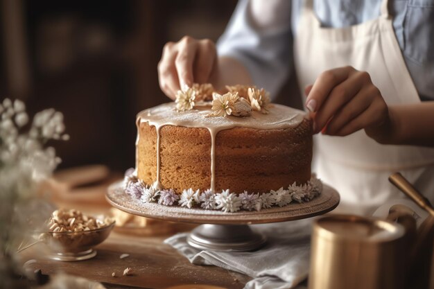 Dekoracja ciasta na kuchennym stole profesjonalnie z ręką szefa kuchni