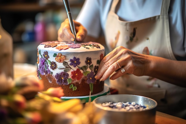 Dekoracja ciasta na kuchennym stole profesjonalnie z ręką szefa kuchni