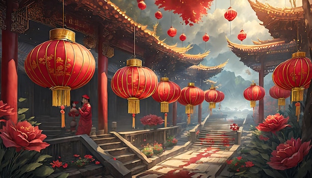 Zdjęcie dekoracja czerwoną latarnią na tle chińskiego nowego roku
