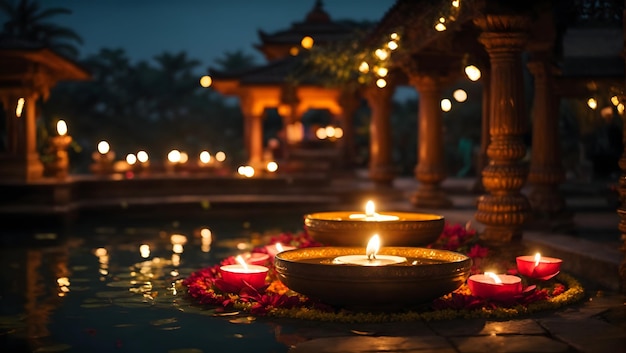 Dekoracja Diwali z lampą diya z naturalnym widokiem, np. stawem i świątynią