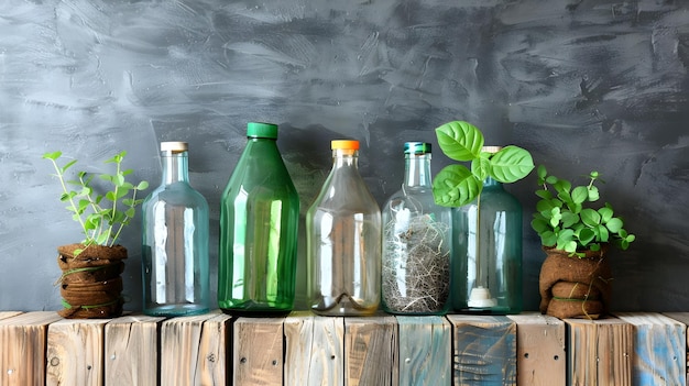 Zdjęcie dekoracja domu przyjazna środowisku w stylu komiksów ze szklanymi i plastikowymi butelkami wypełnionymi zielonymi roślinami na drewnianych ławkach na ciemno szarej ścianie